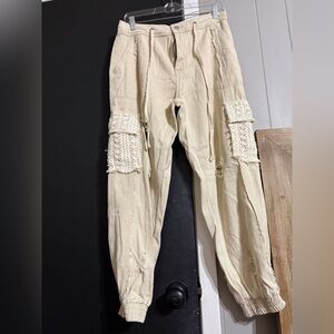 POL Cream Textured Cargo Pants
